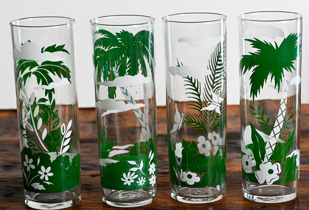 green and white tropical print Libbey Tom Collins glasses