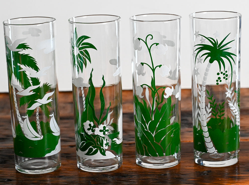 green and white tropical print Libbey Tom Collins glasses