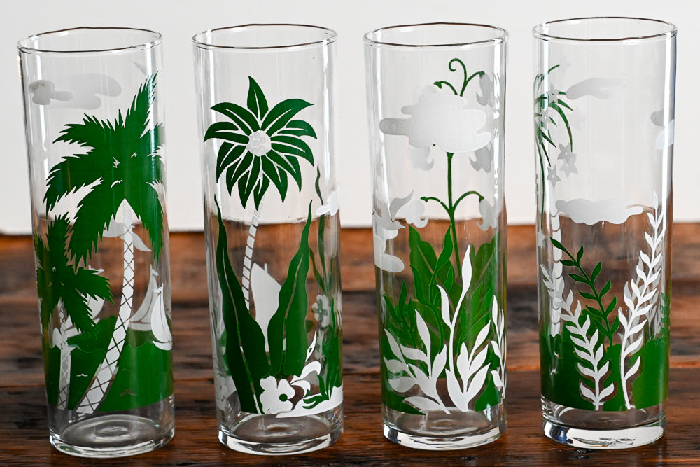 green and white tropical print Libbey Tom Collins glasses