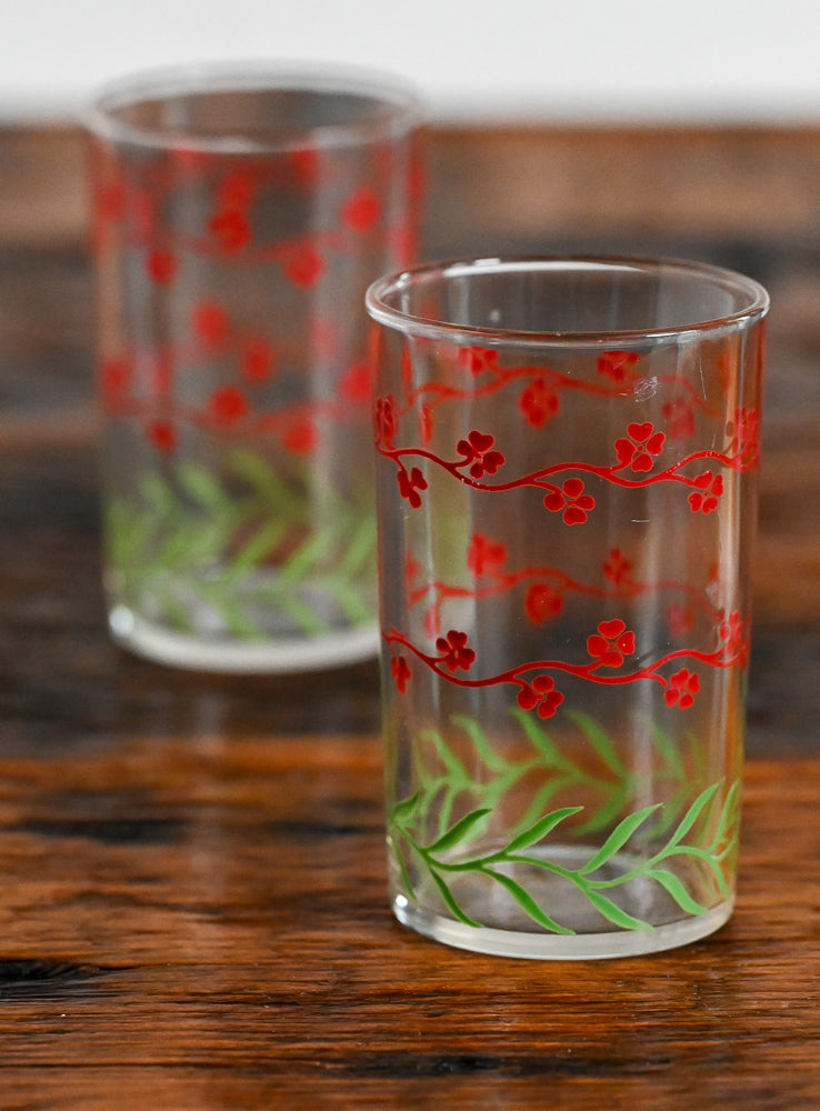 Swanky Swigs red flowers and green leaves juice glasses