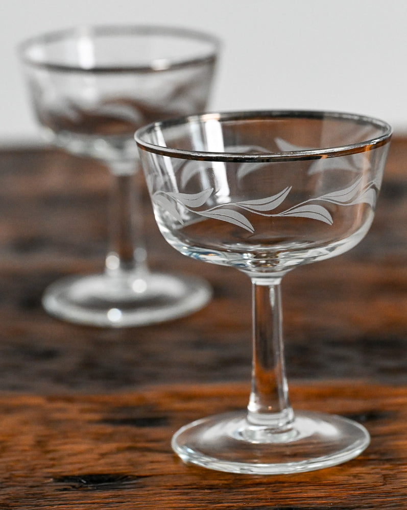 Cristal D'arques laurel leaf etched champagne coupes, platinum rim