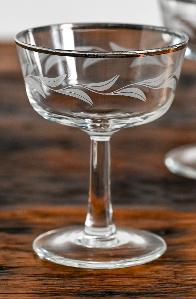 Cristal D'arques laurel leaf etched champagne coupes, platinum rim