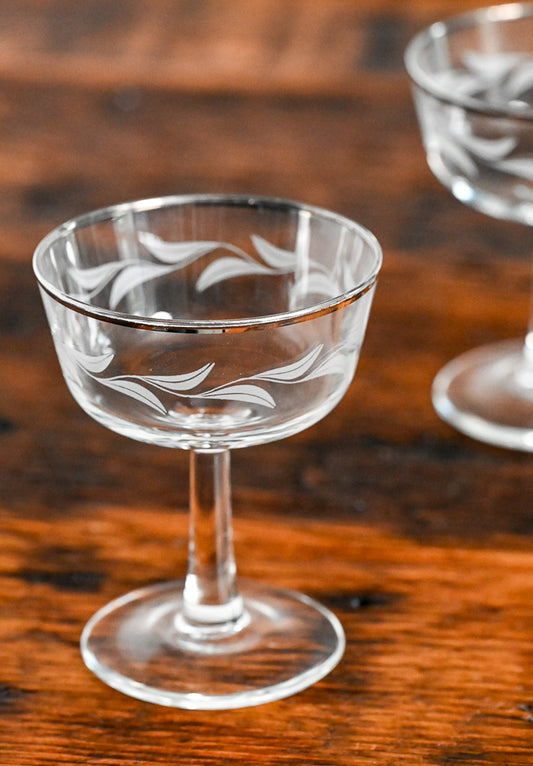 Cristal D'arques laurel leaf etched champagne coupes, platinum rim