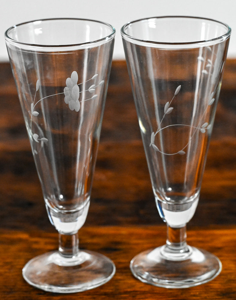 clear glass pilsner glass with floral etching
