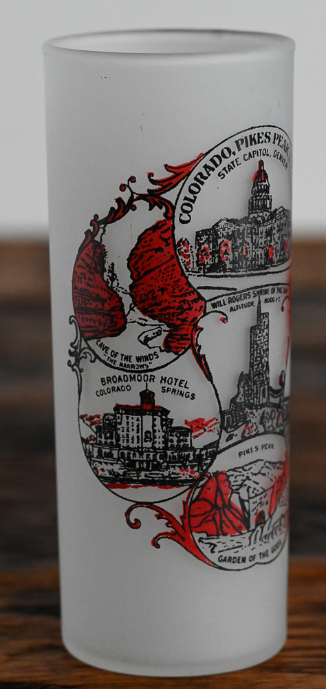 red and black Pikes Peak picture on frosted glass highball