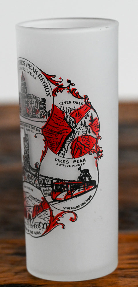 red and black Pikes Peak picture on frosted glass highball