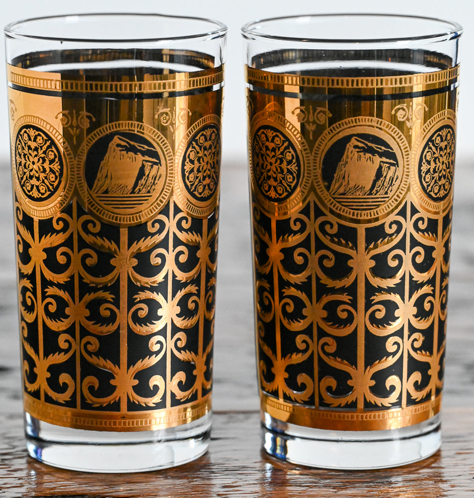 22K gold and black Prudential Anniversary Libbey pattern highballs