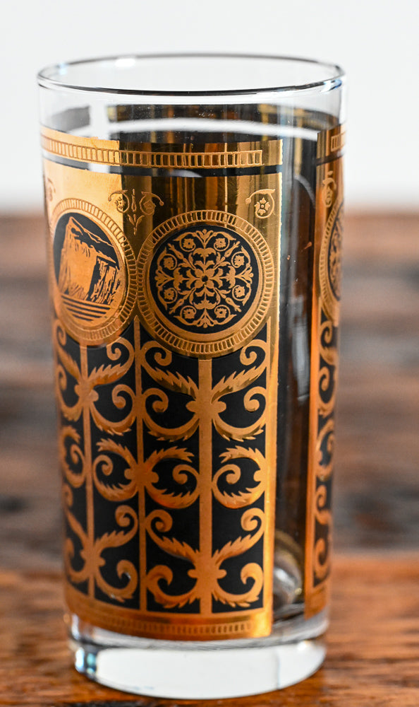 22K gold and black Prudential Anniversary Libbey pattern highballs