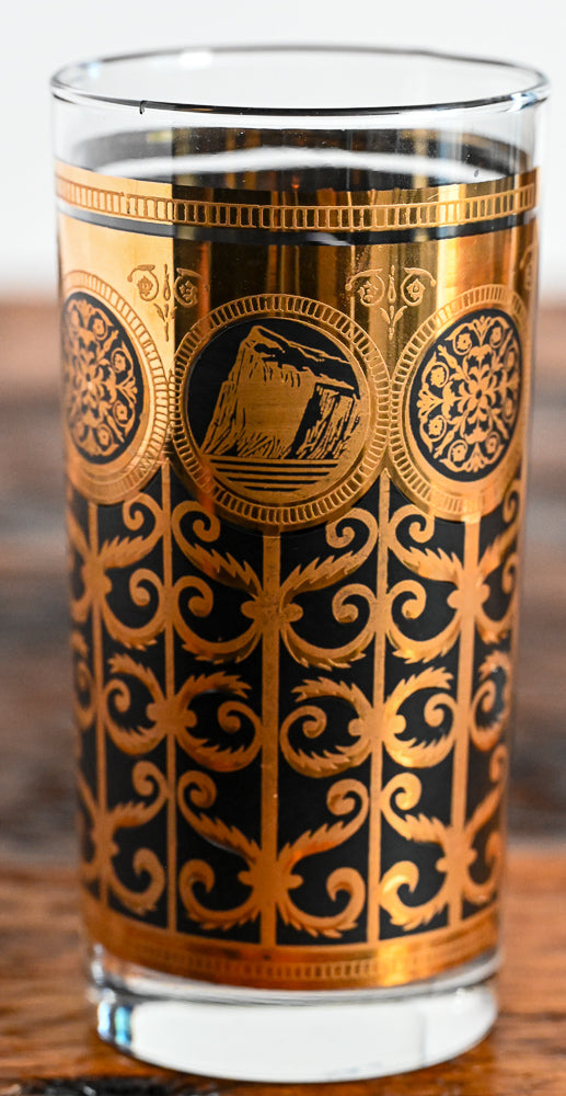 22K gold and black Prudential Anniversary Libbey pattern highballs