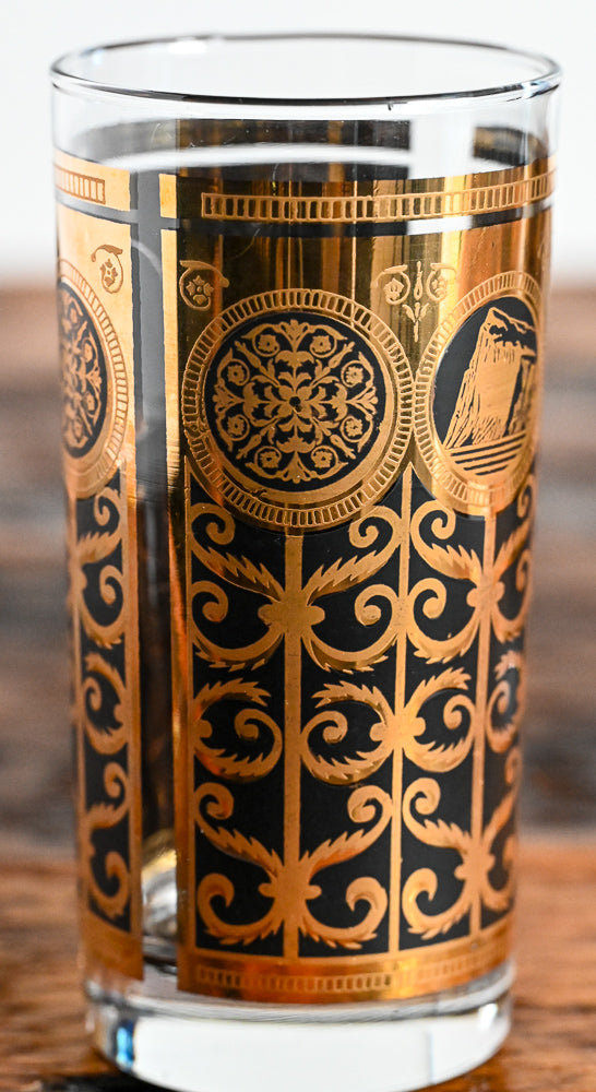22K gold and black Prudential Anniversary Libbey pattern highballs