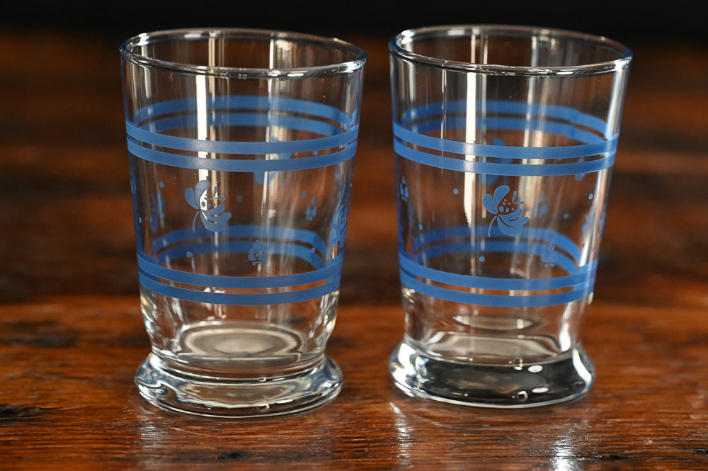 blue floral and stripe Pfaltzgraff juice glasses