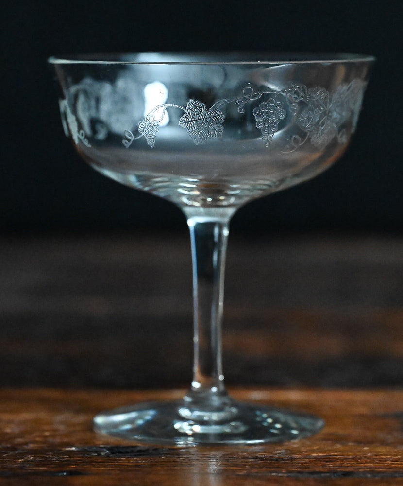 grapes etched clear cocktail coupes