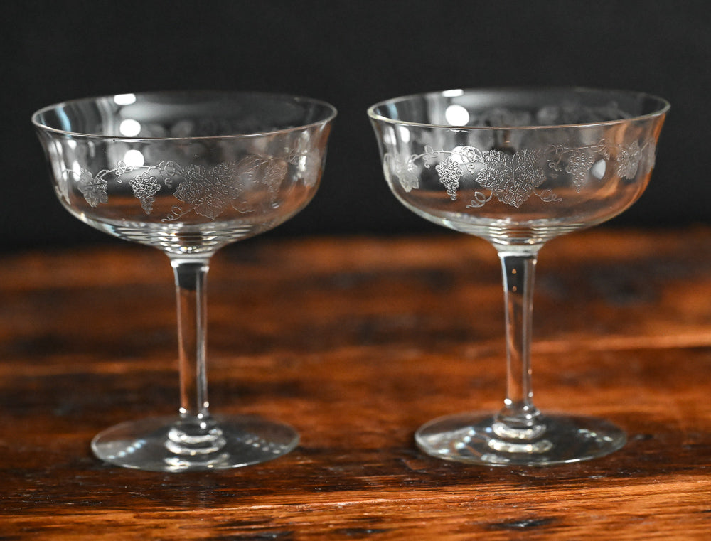 grapes etched clear cocktail coupes