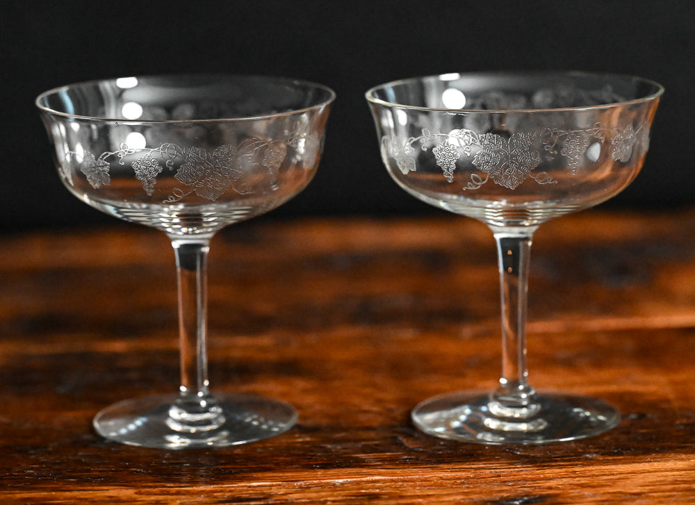 grapes etched clear cocktail coupes