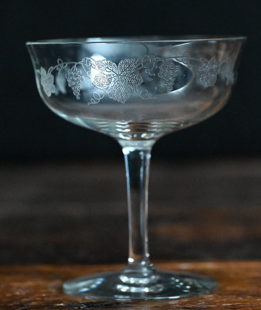 grapes etched clear cocktail coupes