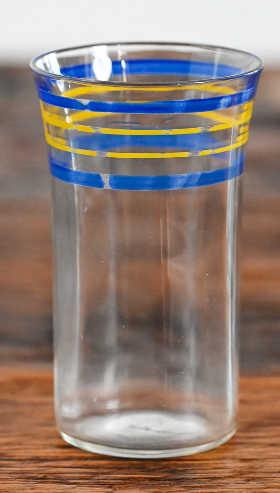 blue and yellow stripe juice glass