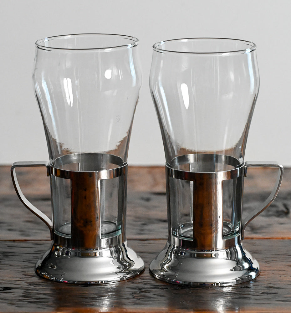 Schraff's Luncheonette ice cream soda glasses in metal handled holders