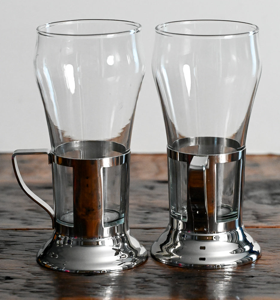 Schraff's Luncheonette ice cream soda glasses in metal handled holders