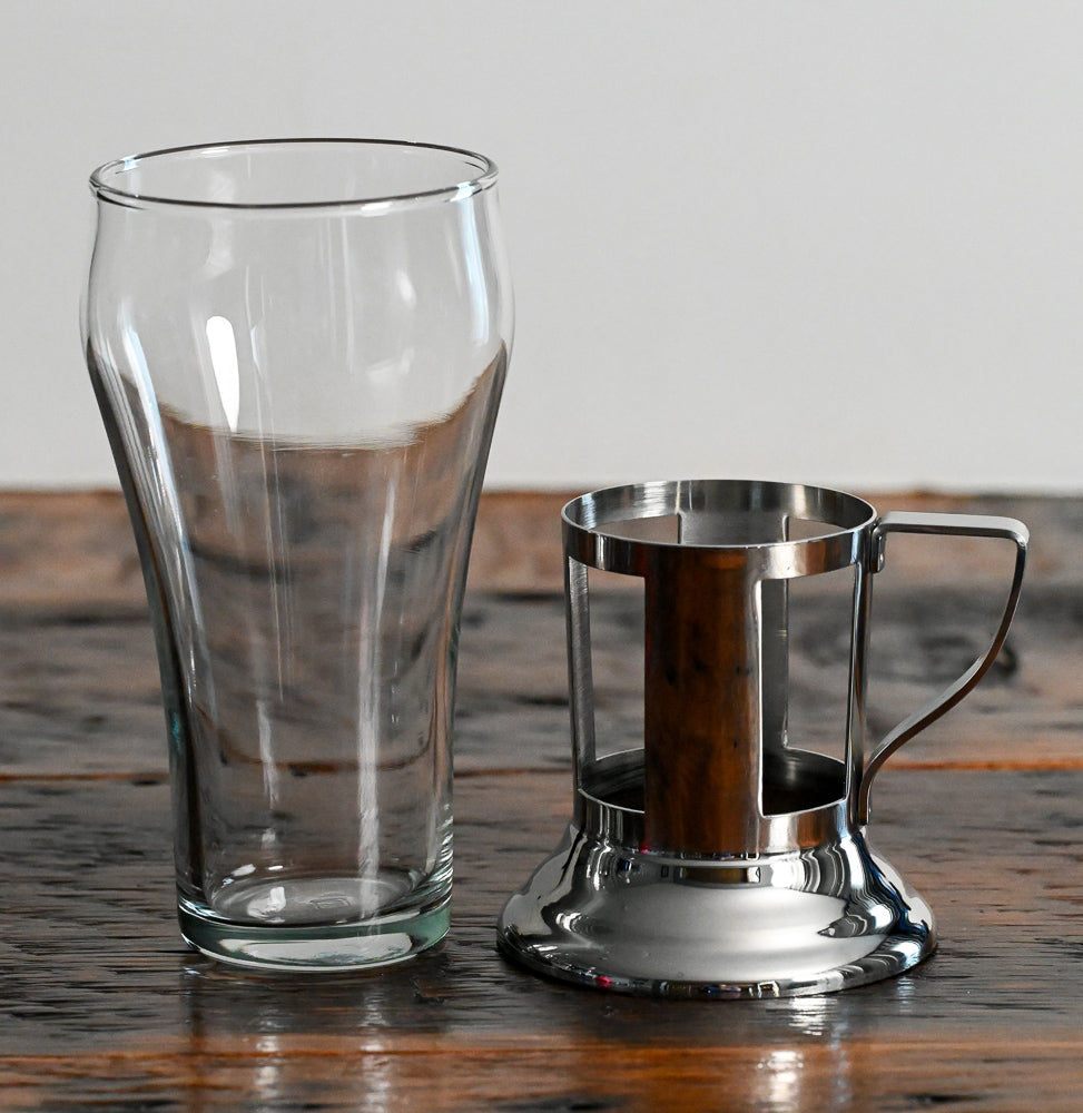 Schraff's Luncheonette ice cream soda glasses in metal handled holders