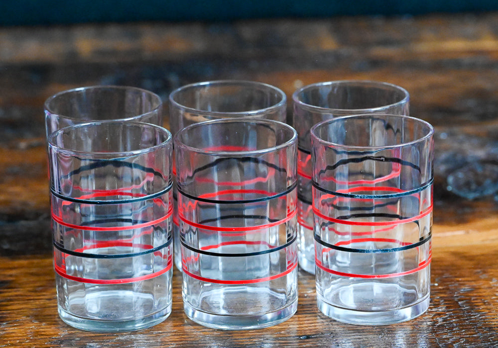 Kraft Swanky Swig black and red stripe juice glasses
