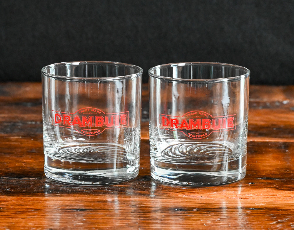 red Drambuie logo on clear rocks glasses