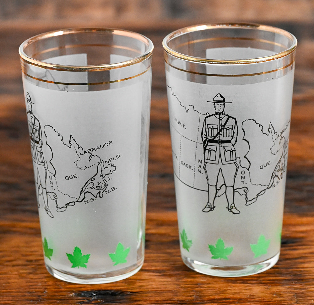 frosted tumbler with Candian Mountie and Canada Map