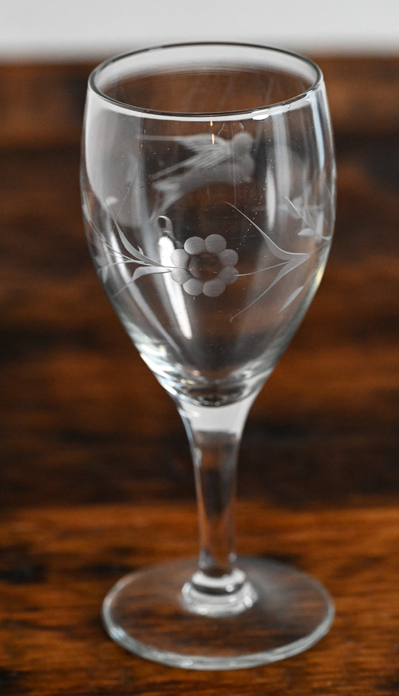 bird and floral etched wine glasses
