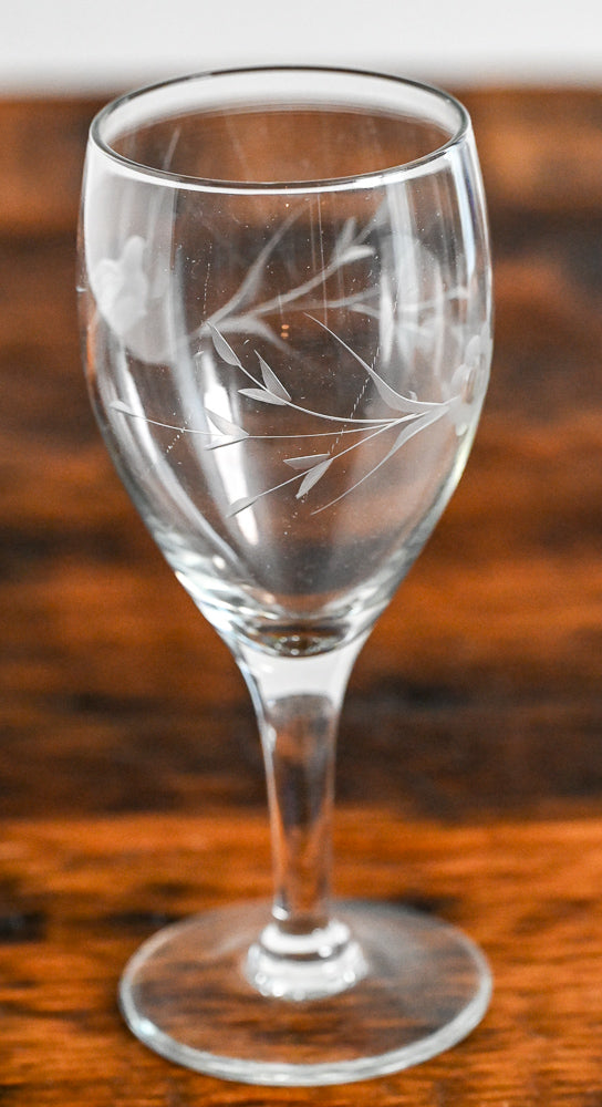 bird and floral etched wine glasses