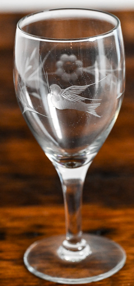 bird and floral etched wine glasses
