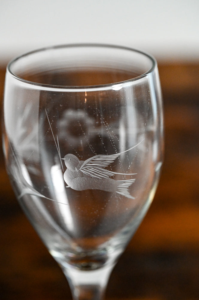 bird and floral etched wine glasses