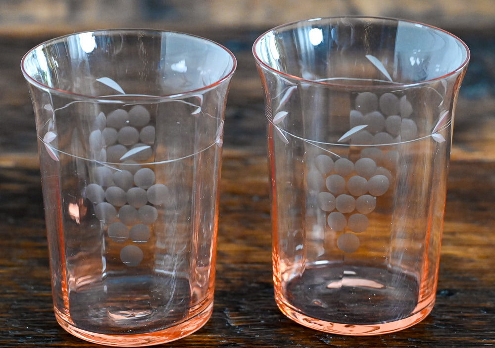 pink depression glass tumbler grapes etched