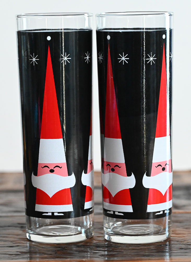 black, red and white print Santa Libbey Holt Howard Dairy Queen highball glasses