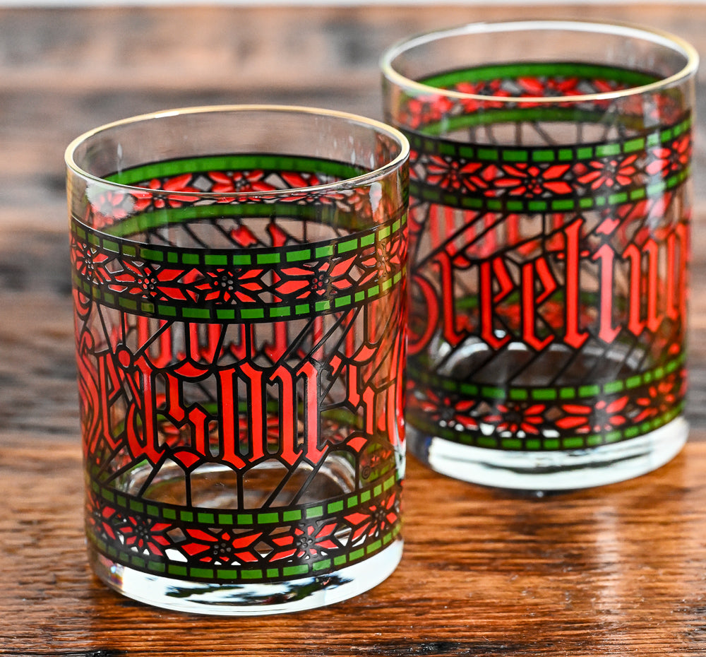 Houze seasons greetings green and red print double rocks glasses