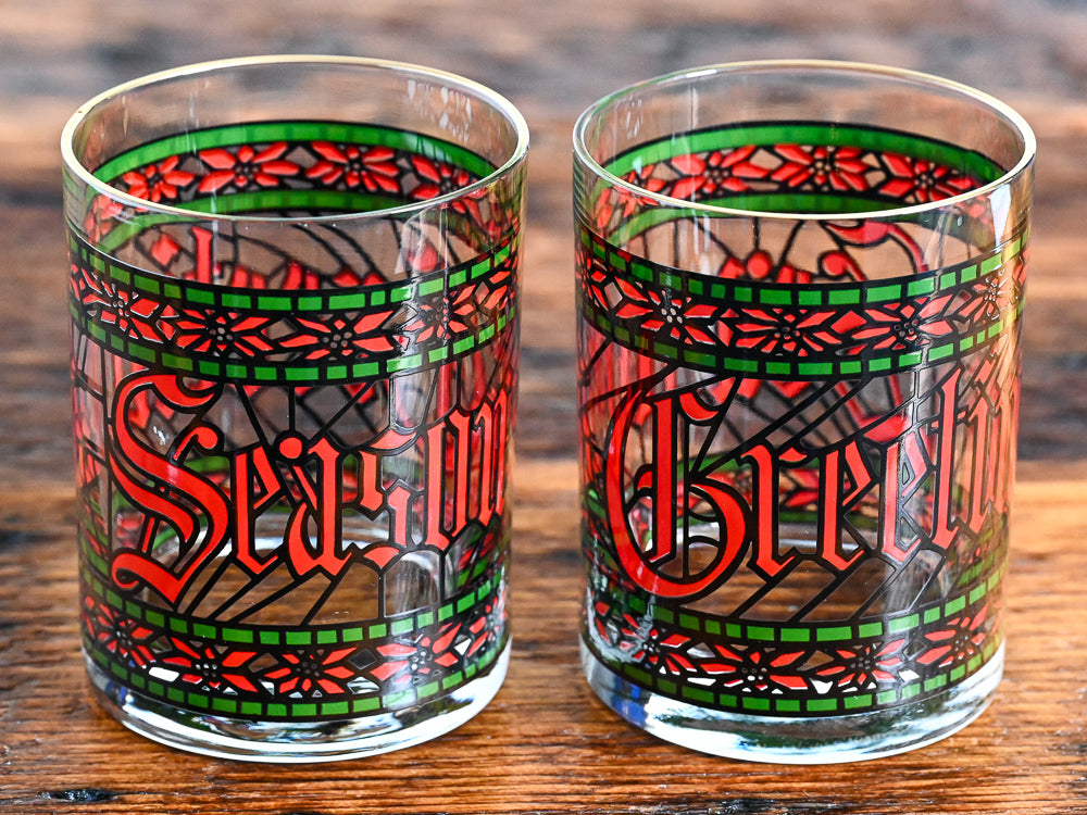 Houze seasons greetings green and red print double rocks glasses