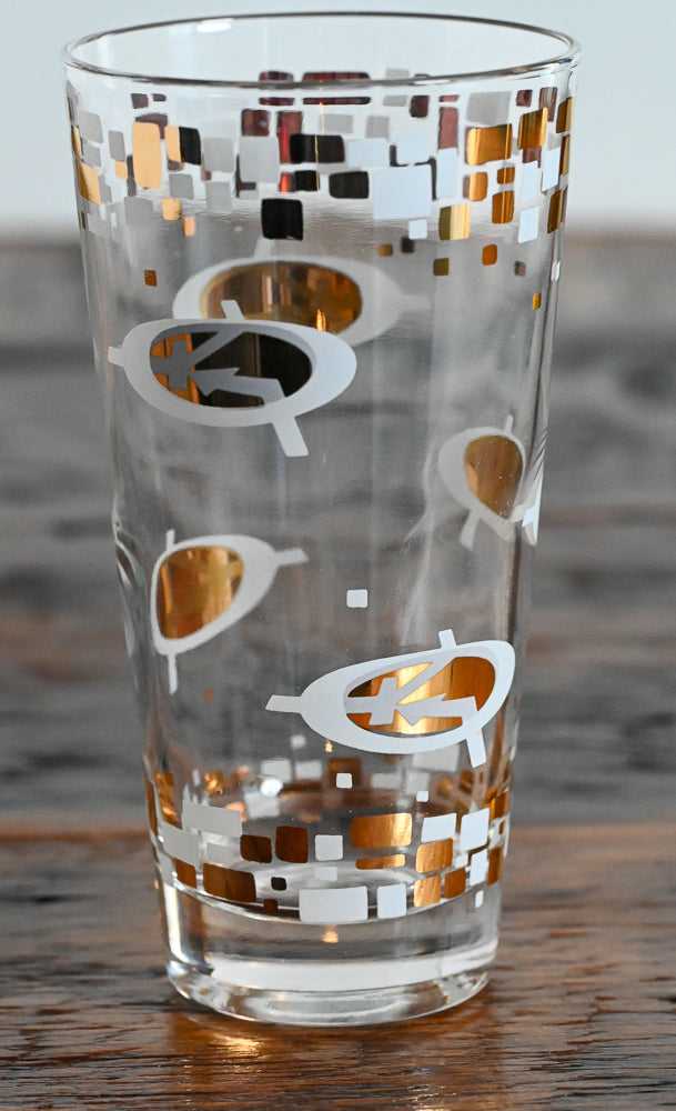 white and gold logo highball glasses