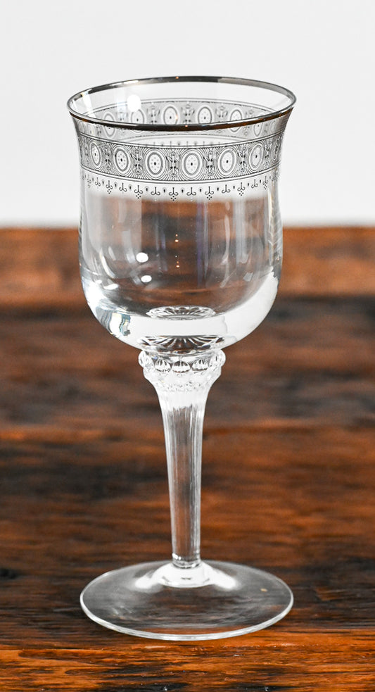 black and white floral print wine glass, platinum rim