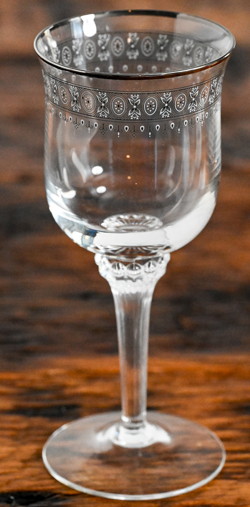 black and white floral print wine glass, platinum rim