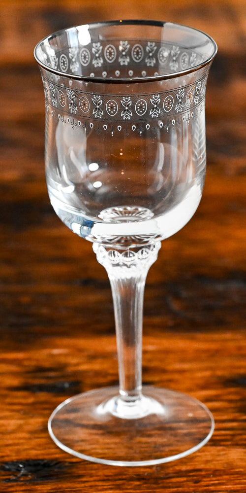 black and white floral print wine glass, platinum rim