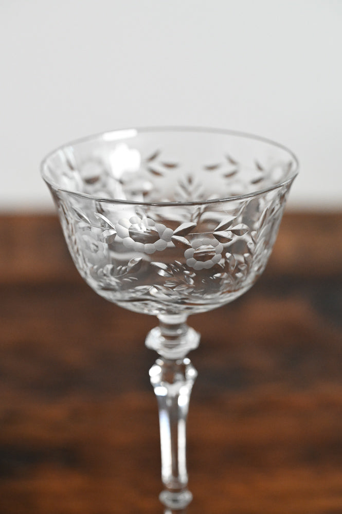 Libbey Rock Sharpe etched flowers coupe glass