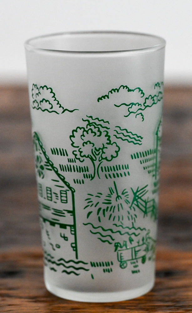 frosted Federal juice glass, green Royal countryside scene