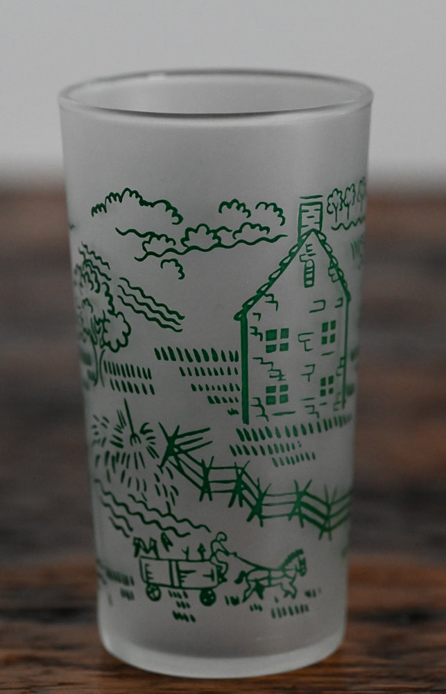 frosted Federal juice glass, green Royal countryside scene