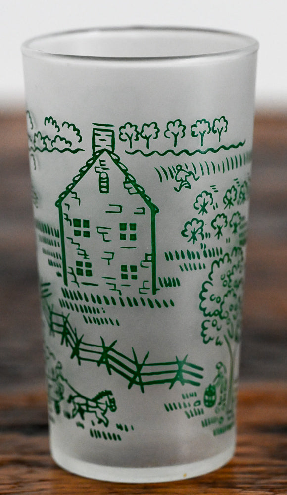 frosted Federal juice glass, green Royal countryside scene