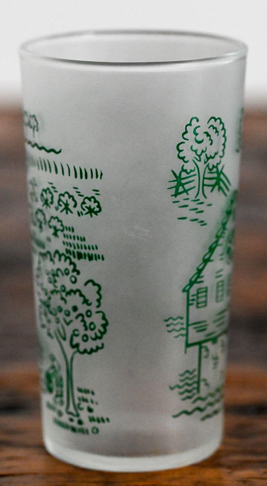 frosted Federal juice glass, green Royal countryside scene