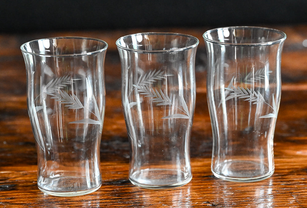 wheat etched clear juice glasses