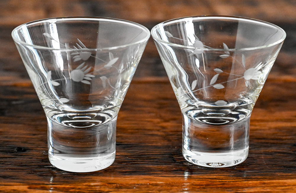 flower etched cordial glasses