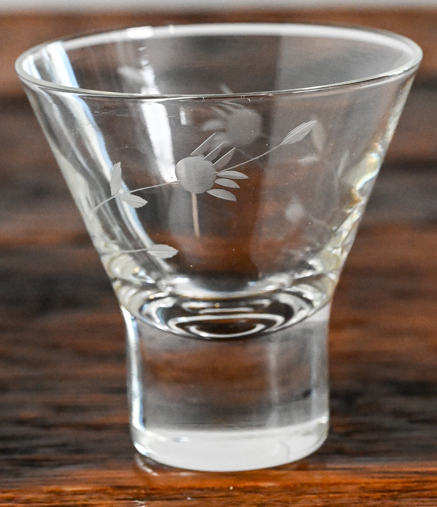 flower etched cordial glasses