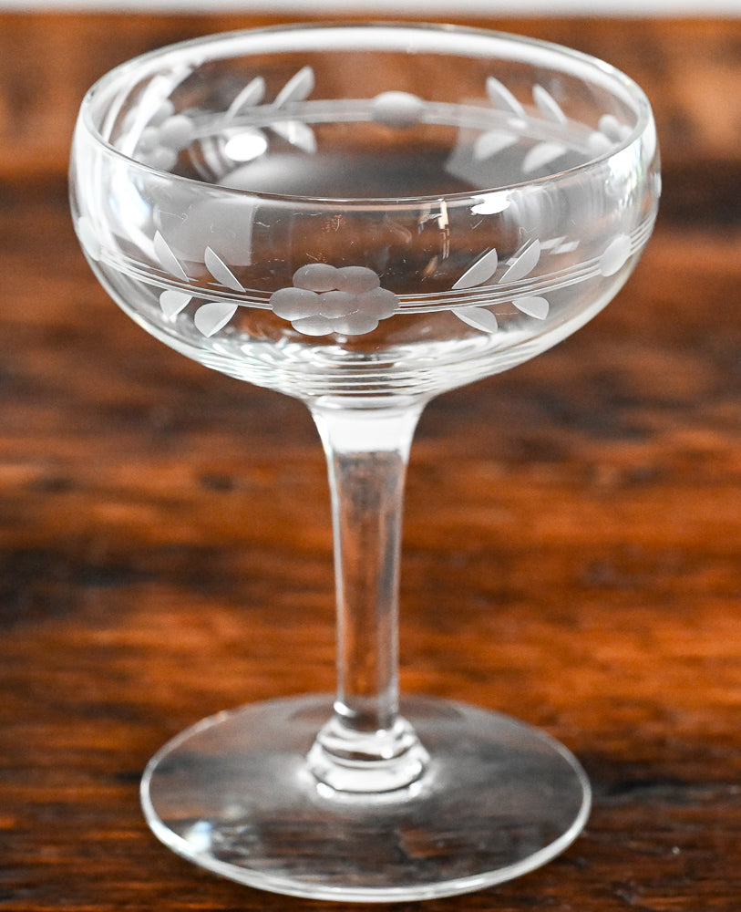 floral and lines etched cocktail coupes