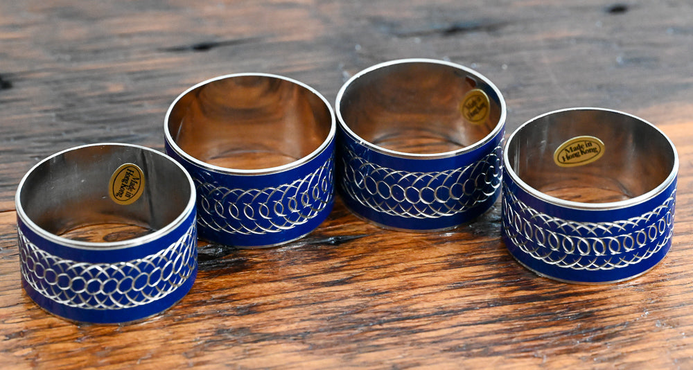 blue enamel and chrome swirl napkin rings