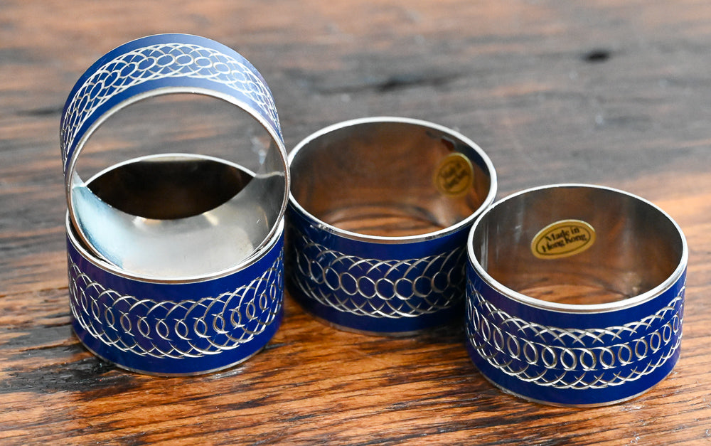blue enamel and chrome swirl napkin rings