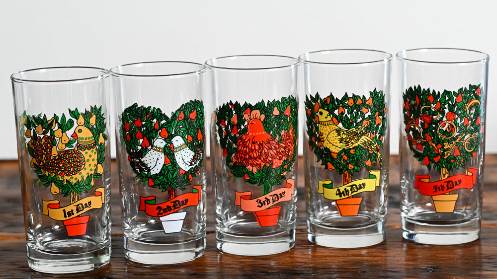 colorful Indiana Glass 12 Days of Christmas highball glasses